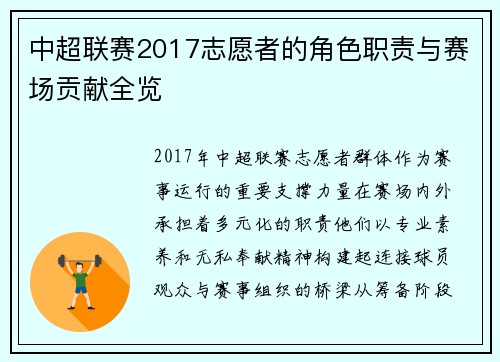 中超联赛2017志愿者的角色职责与赛场贡献全览
